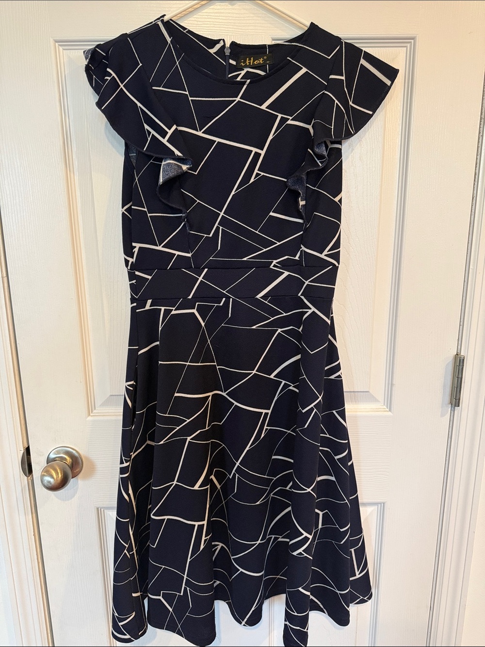 iHot Navy Geometric Midi Dress with Ruffle Shoulders